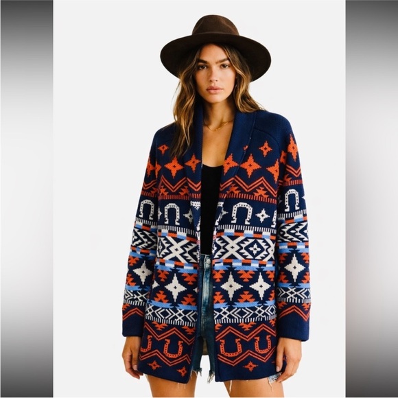 Lucky Brand Sweaters - NWT Lucky Brand Geometric Navy and Red Cardigan with horse shoes size large